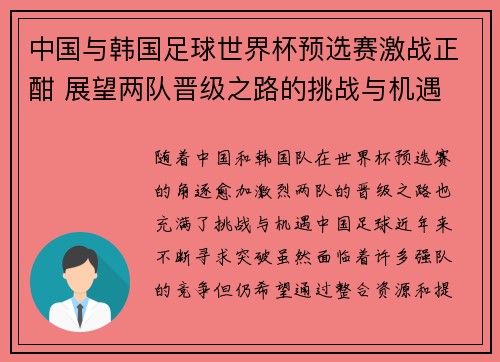 中国与韩国足球世界杯预选赛激战正酣 展望两队晋级之路的挑战与机遇